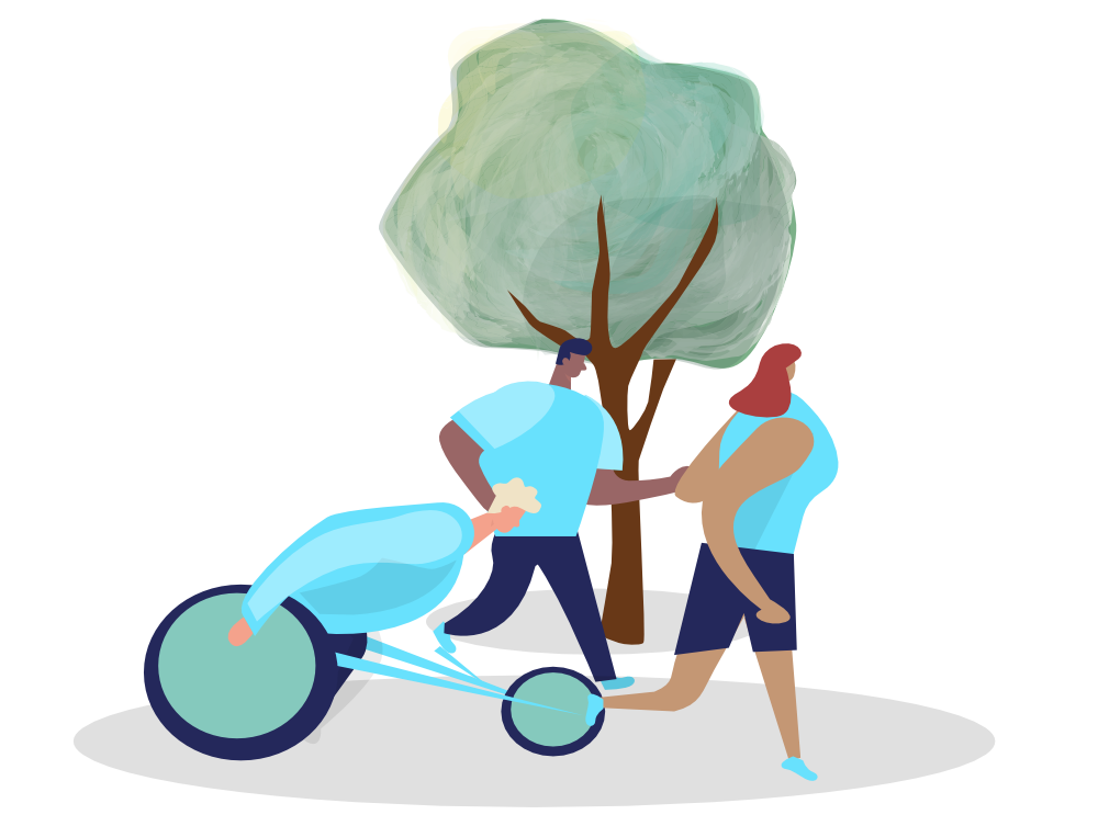 Illustration of three people running in a park, one person in a wheelchair and the other two people running beside.